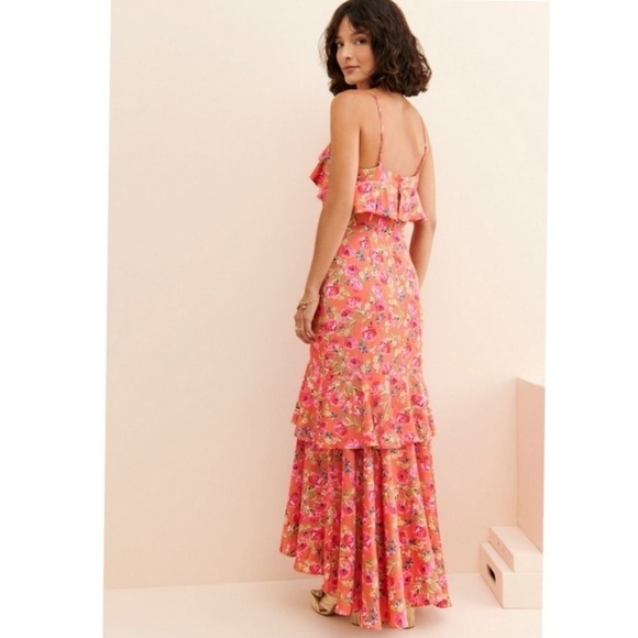 Keepsake the Label For Me Gown Tangerine Orange Floral Ruffle Trim Satin Dress - Picture 6 of 11